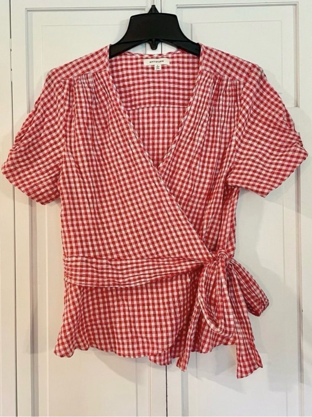 Max Studio Red and White Gingham Wrap Blouse